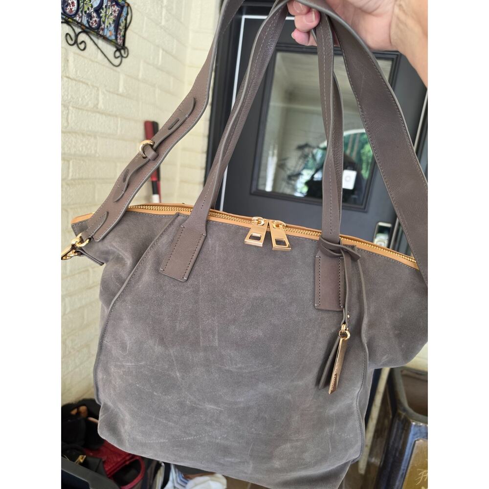 Vince Camuto Alcia Tote Bag Gray Suede Leather Camel Trim Large NWOT - Picture 3 of 3